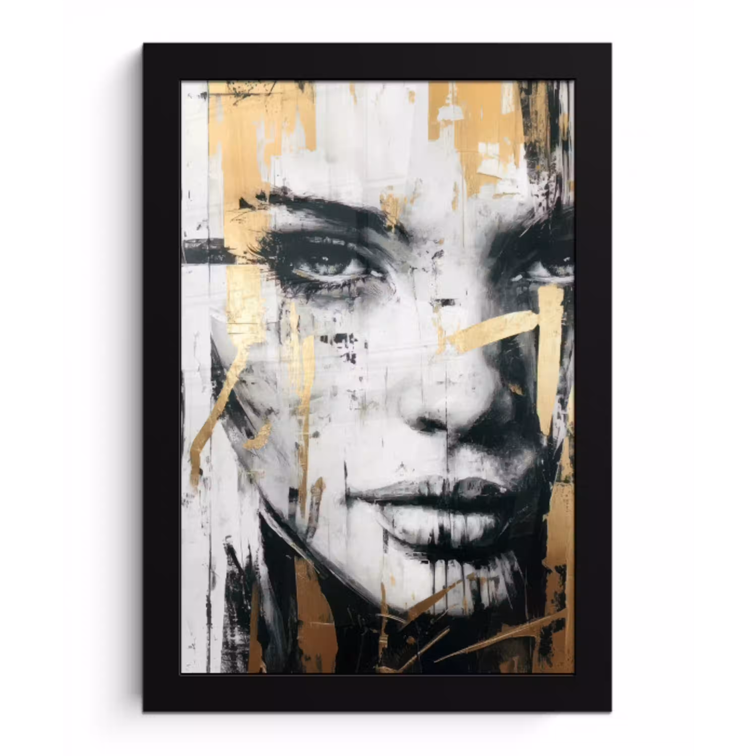 Portret - Vrouw - Penseelstreken - Goud fotolijst zwart zonder passe partout klein -3d
