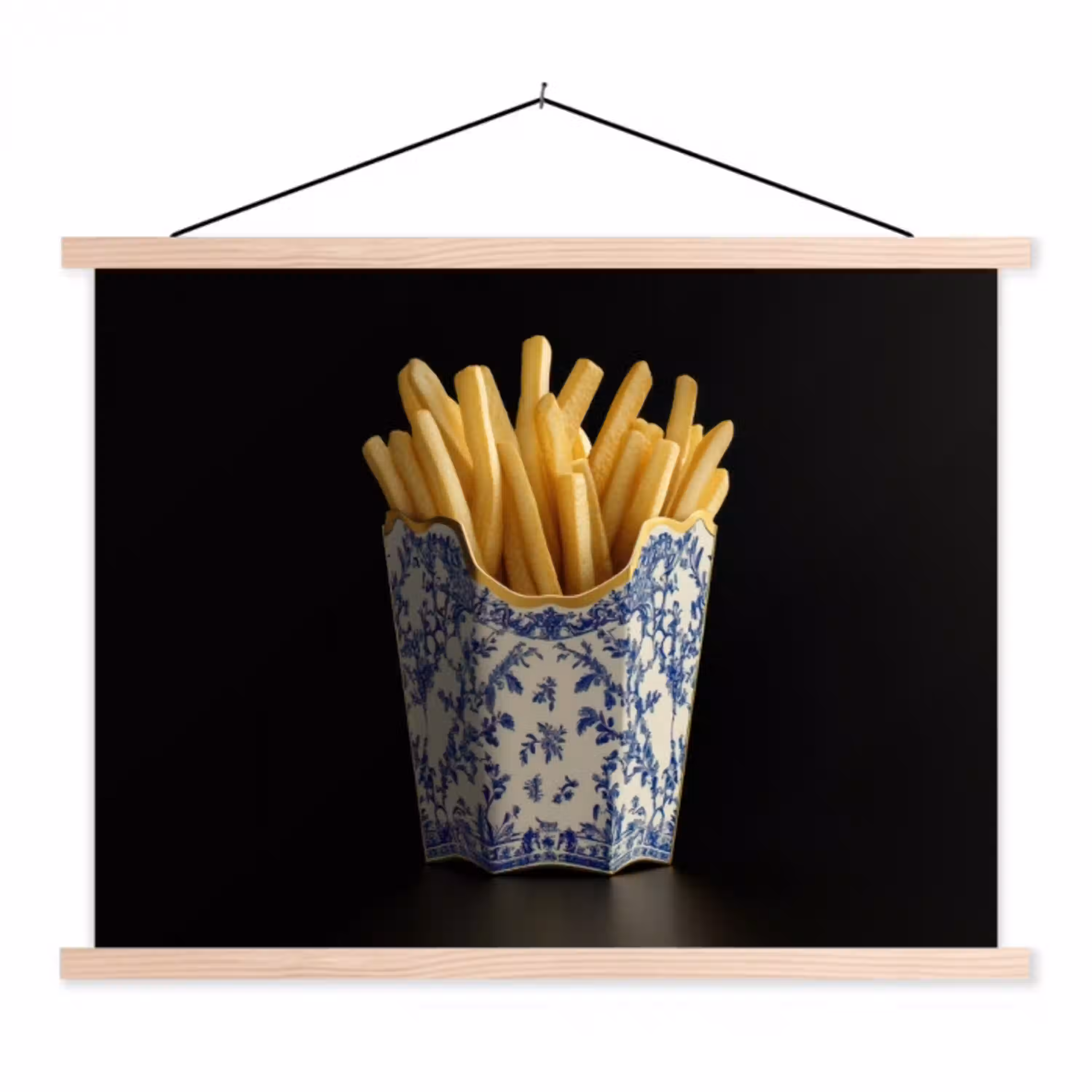 Friet - Porselein - Delfts blauw - Eten textielposter latten blank klein -3d