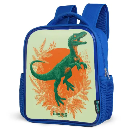 Groene dino tussen varens Kinderrugzak - Blauw middel -schuin