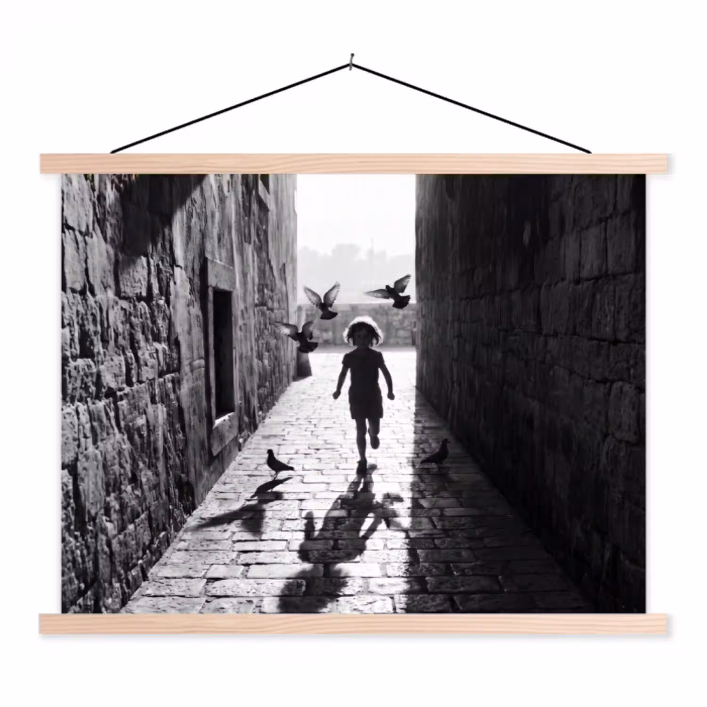 Kind - Vogel - Straat - Zwart-wit - Spelen textielposter latten blank klein -3d