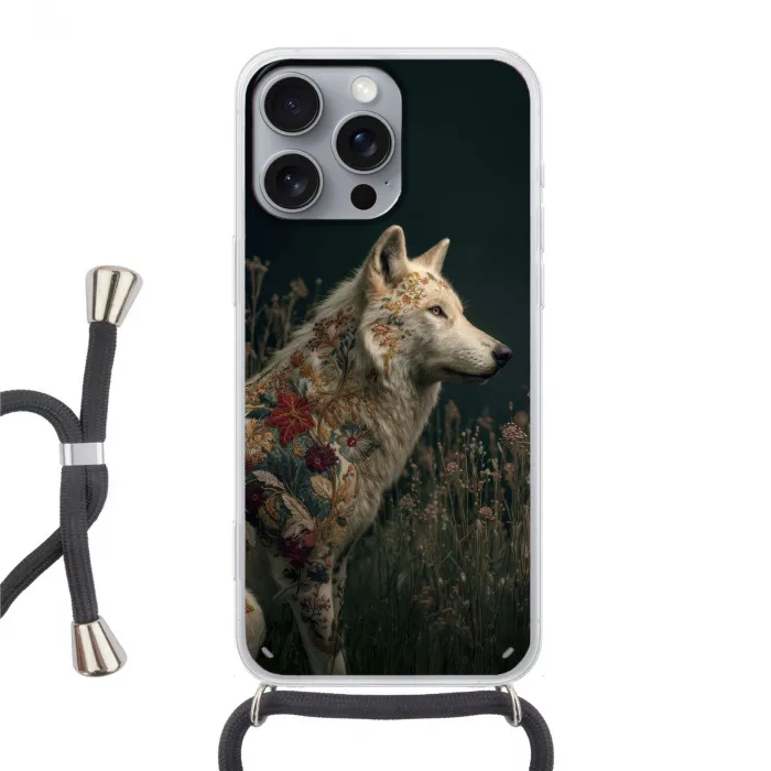 Wolf - Bloemen - Natuur Hoesje iPhone 16 Pro Max met koord klein -3d