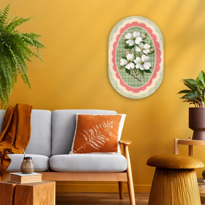 Bloemen - Illustratie - Geruit - Groen Wandcirkel Ovaal Forex klein -sfeer4