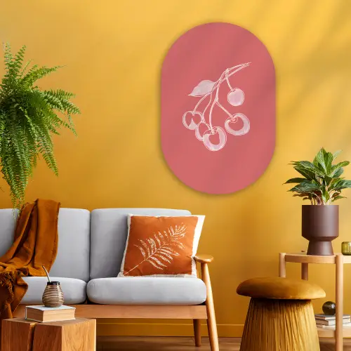 Lijnillustratie - Kersen - Tak - Wit Wandcirkel Ovaal Glas middel -sfeer4