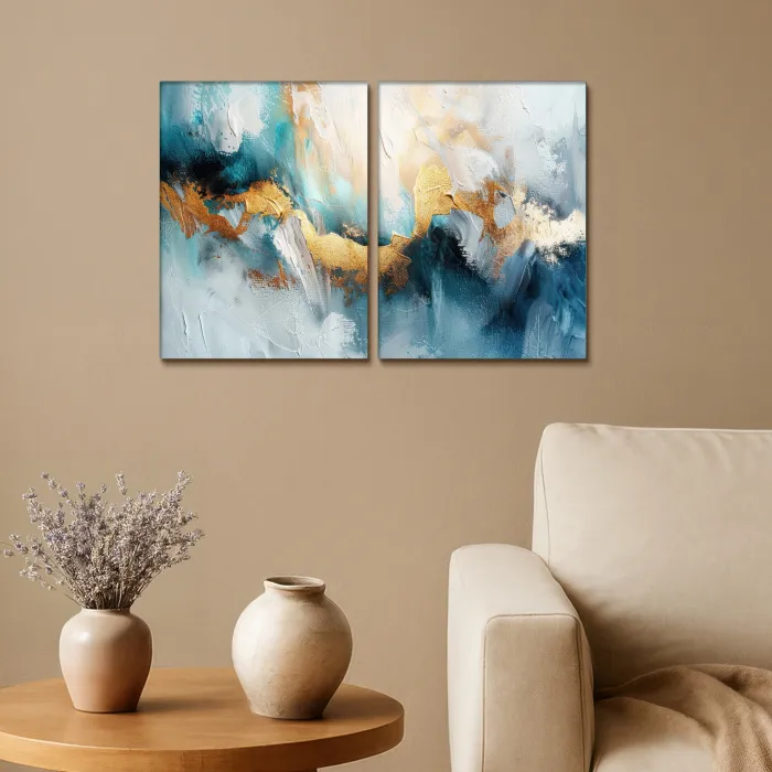 Blauw - Abstract - Wit - Goud - Verf Canvas - Meerluiken 2 luik klein -sfeer1