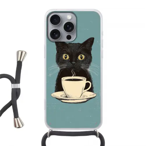 Kat - Zwart - Koffie - Minimalistisch Hoesje iPhone 16 Pro Max met koord klein -3d