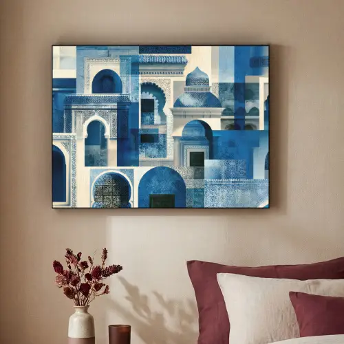 Abstract - Islamitisch - Blauw - Wit Textielframe zwart klein -sfeer1