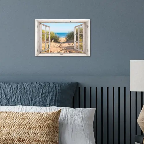Doorkijk - Strand - Zee - Duinen - Zand - Water - Helmgras poster papier klein -sfeer2