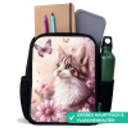 Kat - Paars - Vlinders - Bloemen Rugzak - Zwart middel -inhoud_DE