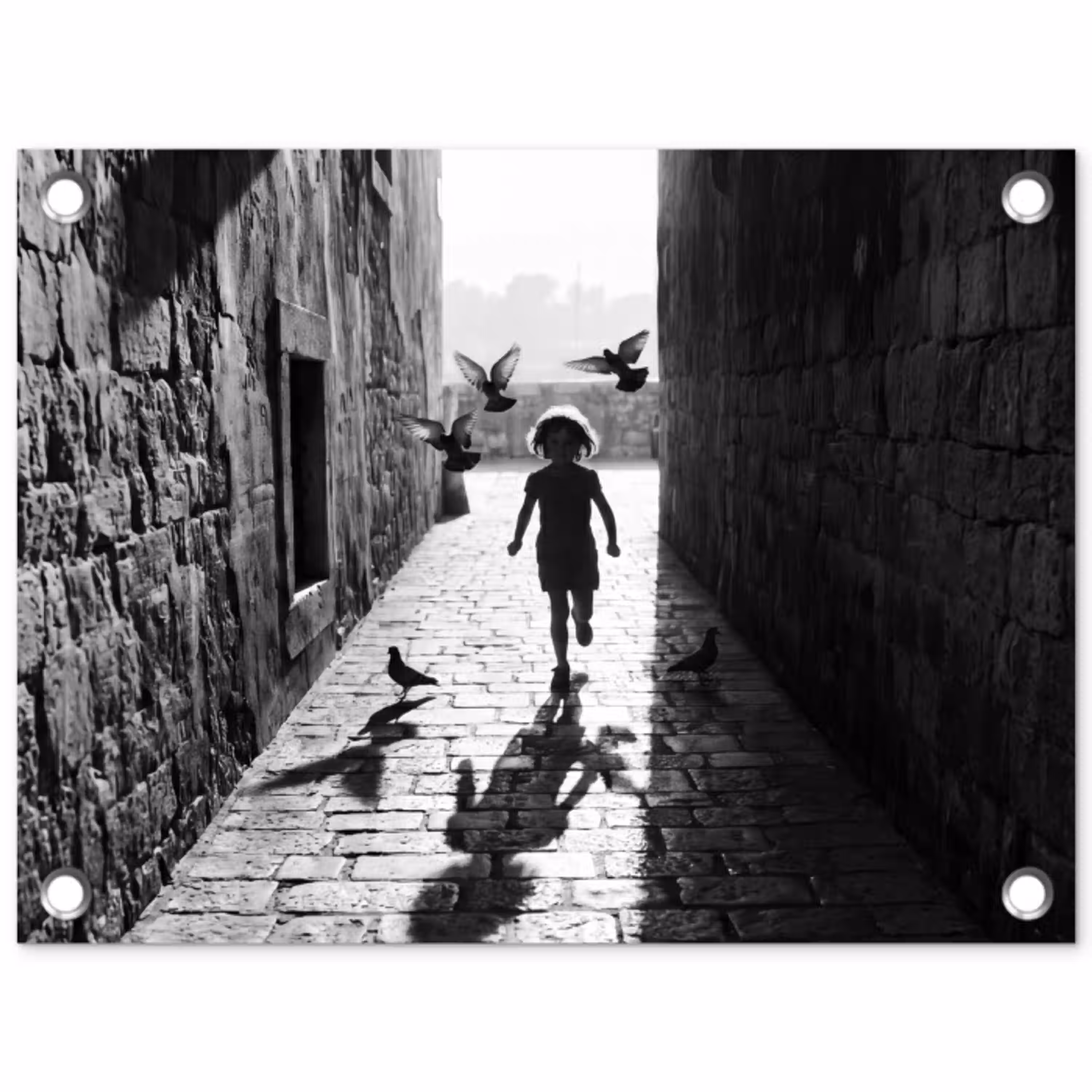 Kind - Vogel - Straat - Zwart-wit - Spelen tuinposter los doek klein -3d