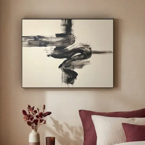 Golven - Penseelstreken - Beige - Minimalistisch Textielframe zwart klein -sfeer1