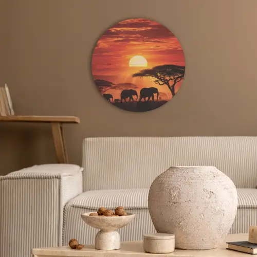 Savanne - Olifanten - Zonsondergang Akoestische PET Vilt - Rond klein -sfeer1