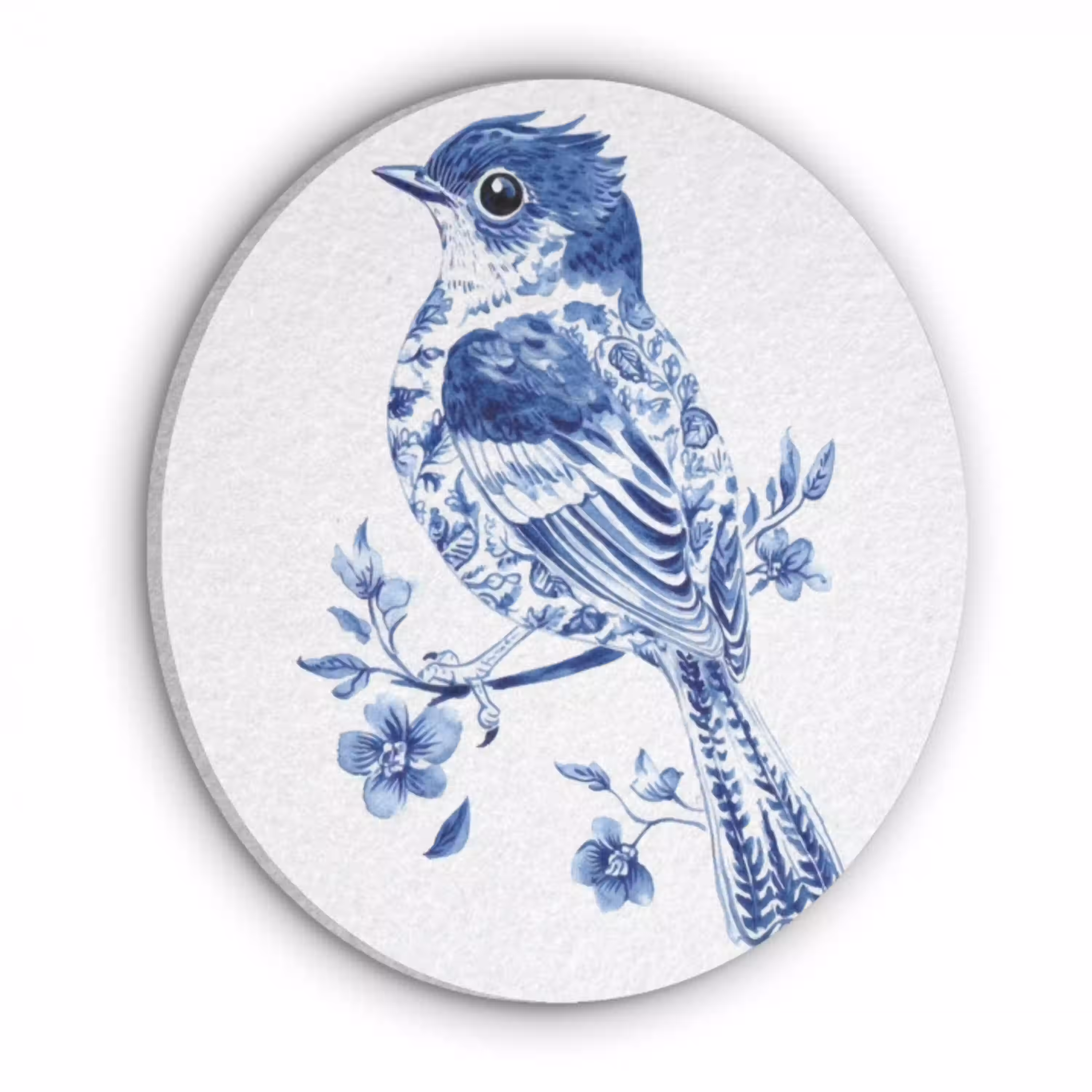 Vogel - Delfts blauw - Illustratie - Bloemen Akoestische PET Vilt - Rond klein -3d