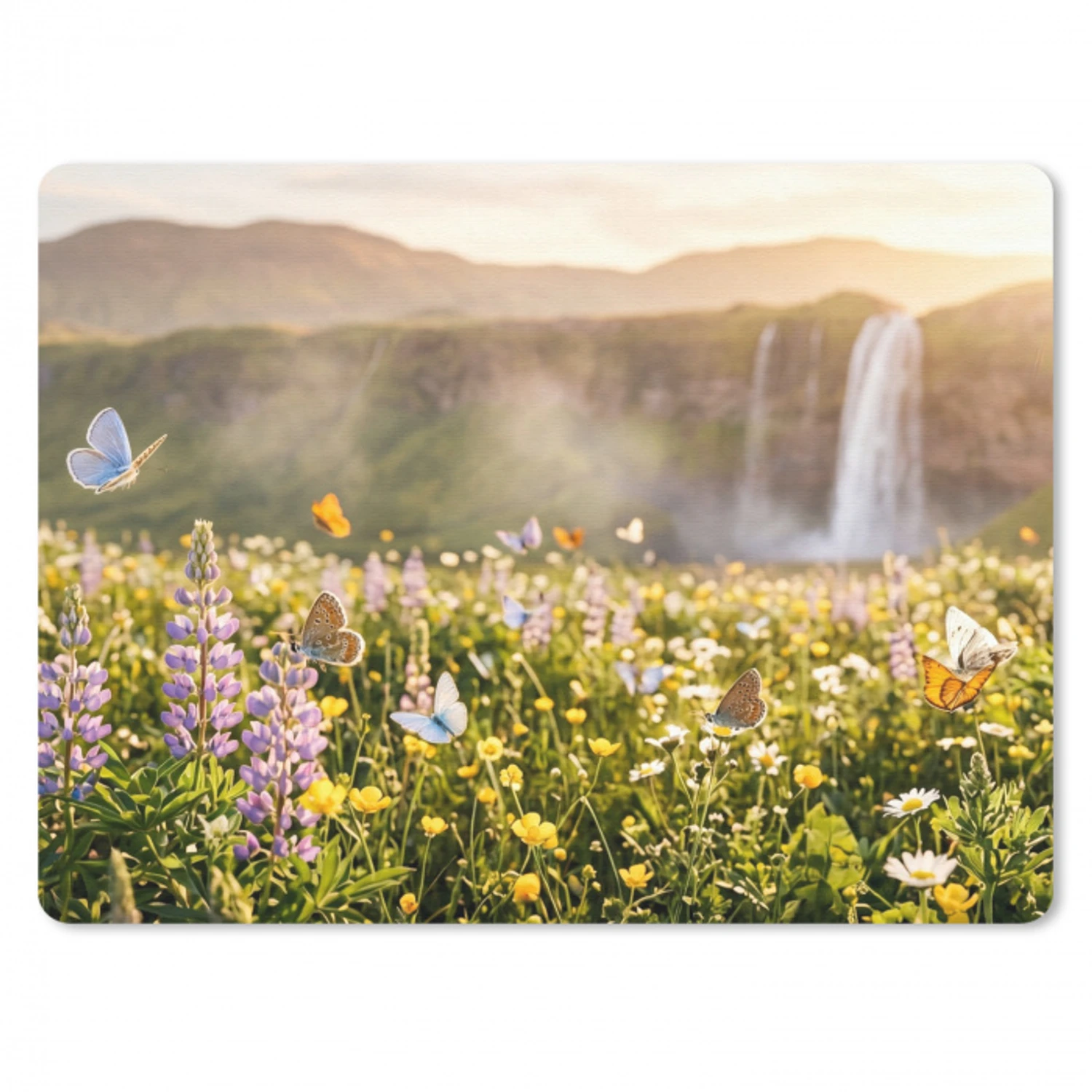 Vlinders - Waterval - Bloemenveld muismat rubber klein -3d