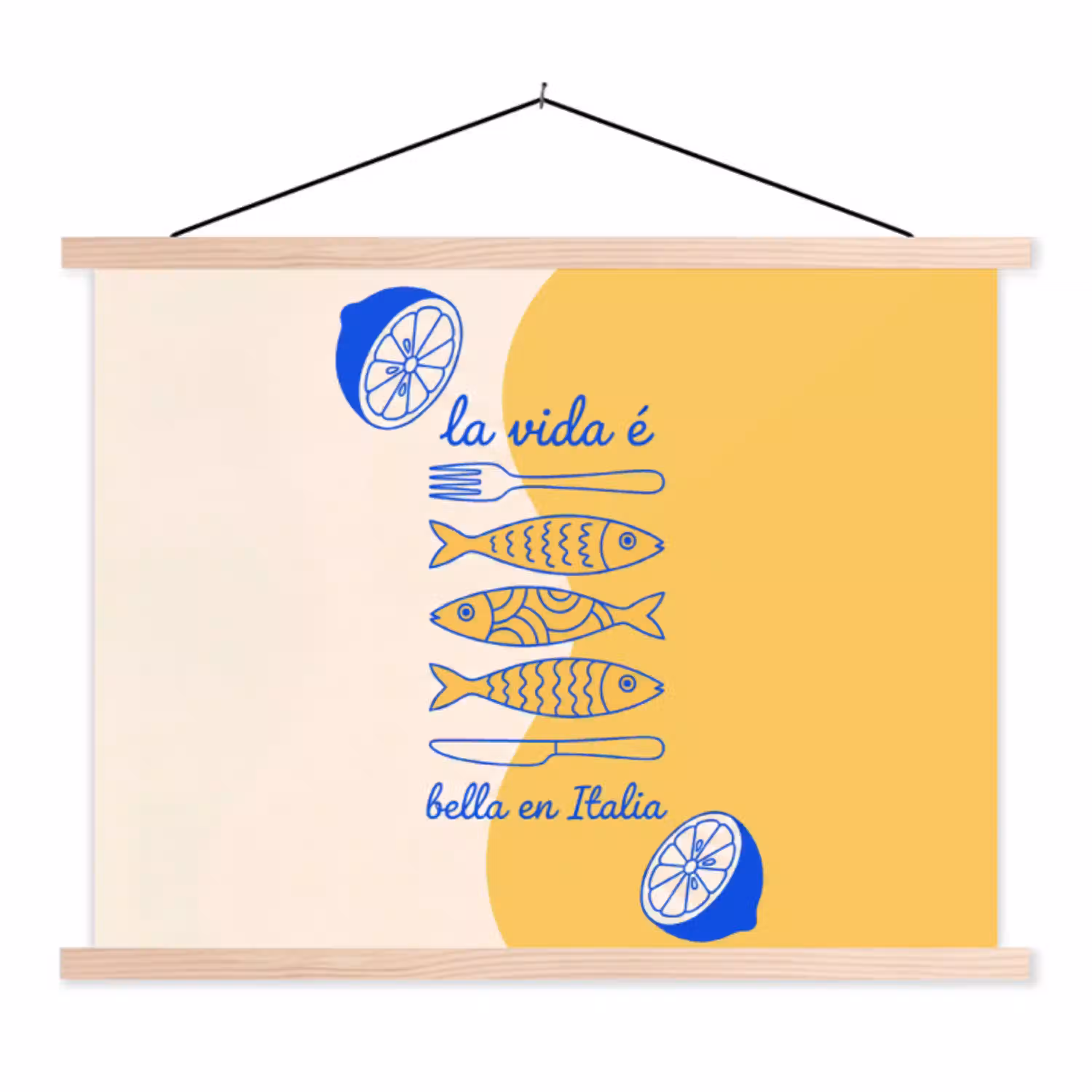 Italië - Eten - Citroen - Vis - Grafisch textielposter latten blank klein -3d