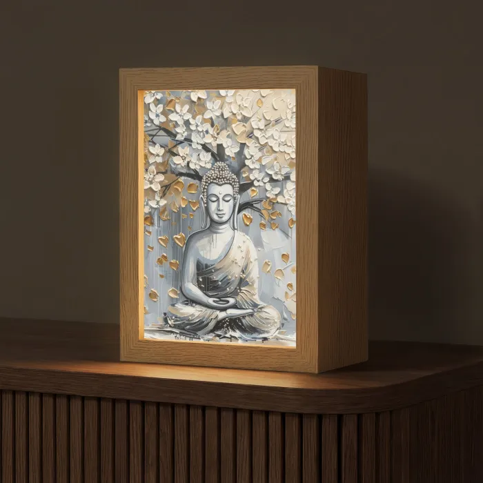 Boeddha - Bloemen - Boom - Goud - Modern Light Box met kabel (Tafellamp) klein -z3d_website