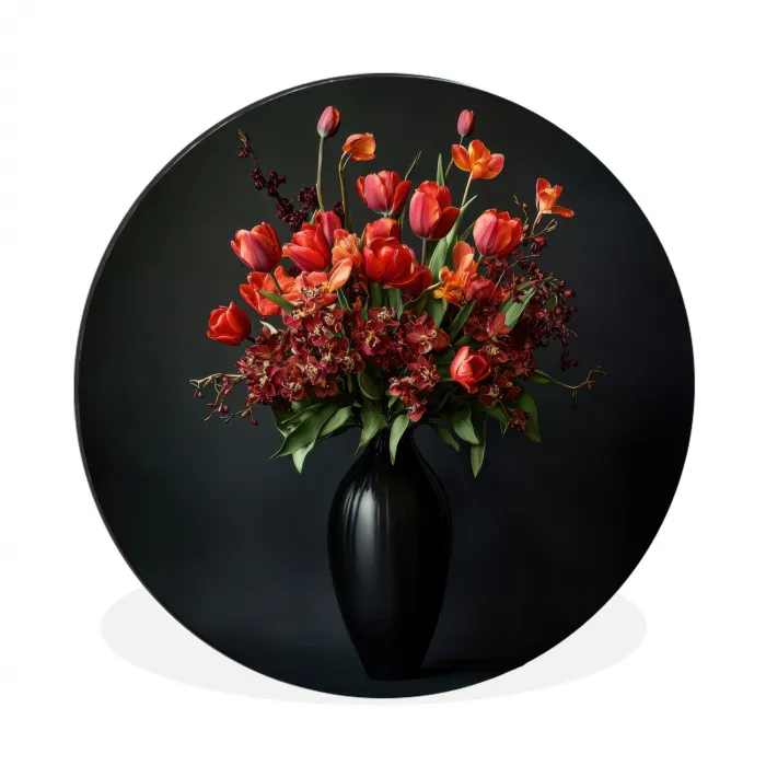 Boeket - Tulpen - Vaas - Rood Wandcirkel aluminium klein -3d