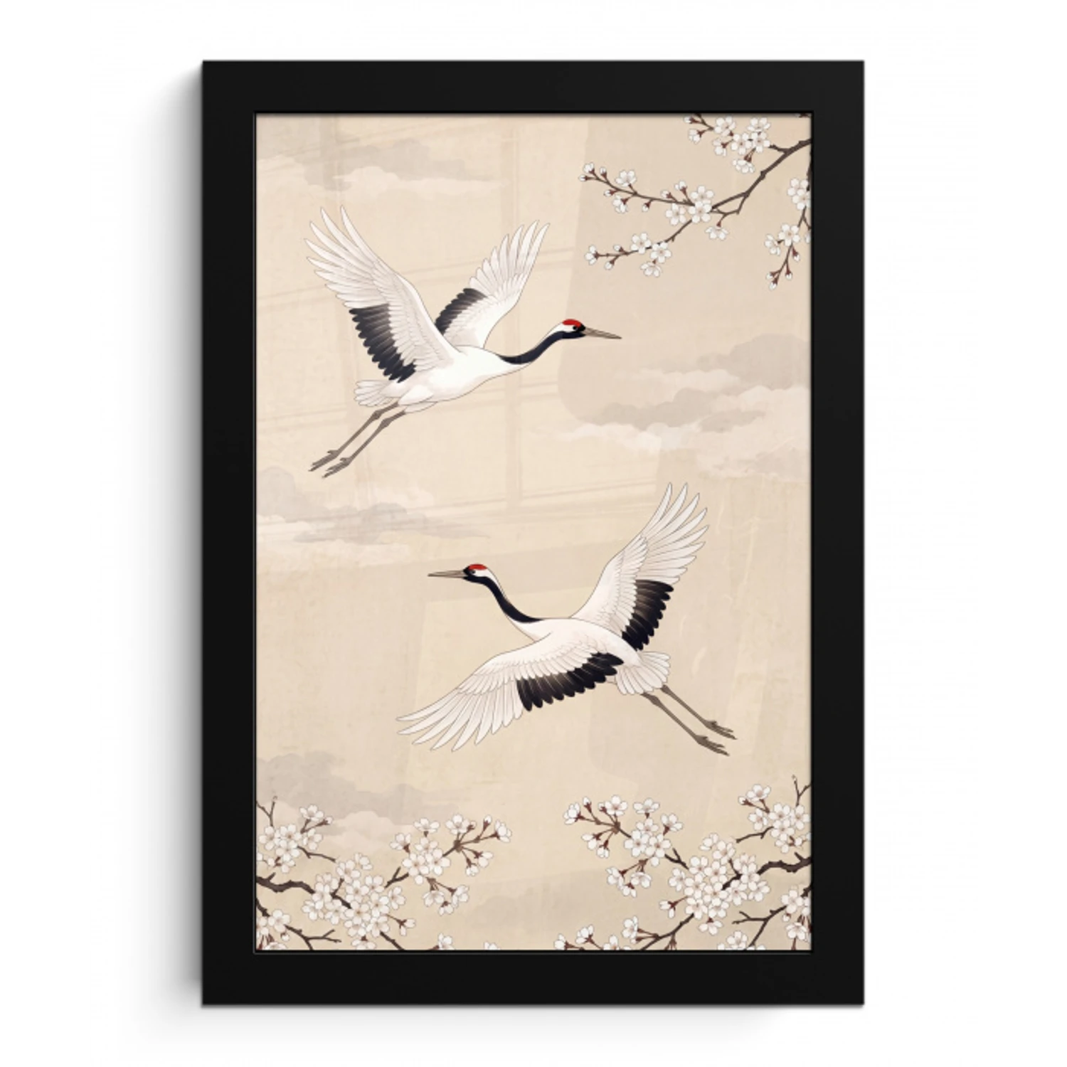 Kraanvogels - Bloesem - Beige fotolijst zwart zonder passe partout klein -3d