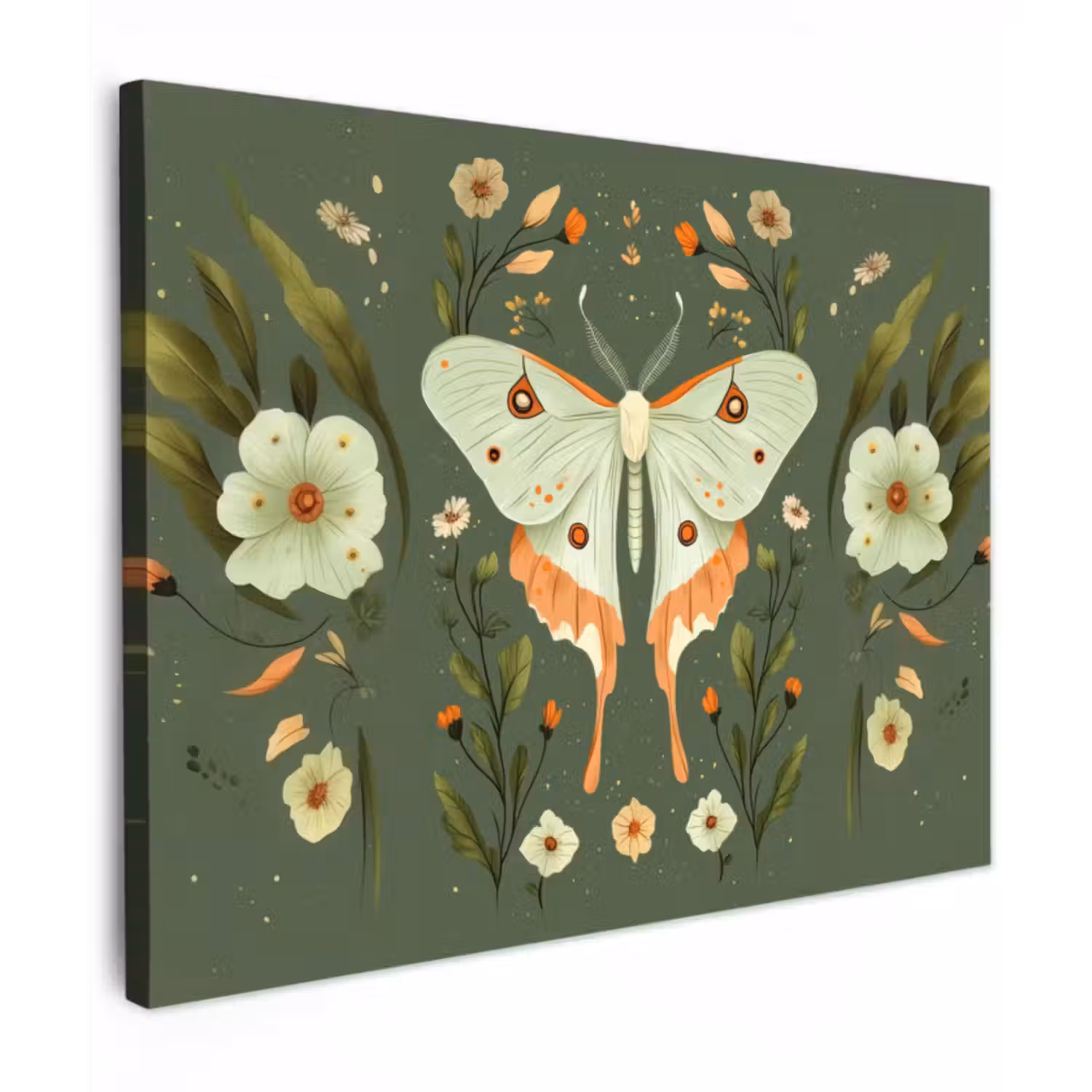 Canvas schilderij - Bloemen - Bladeren - Olijfgroen - Vlinder