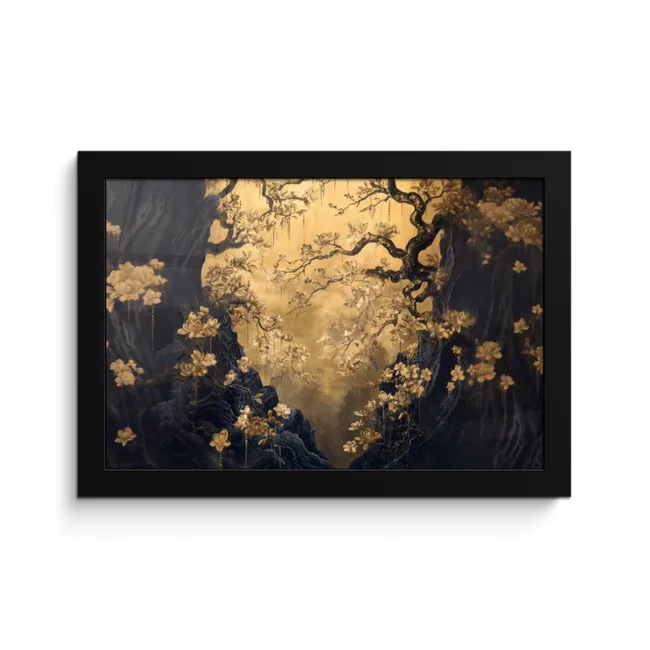 Bloemen - Takken - Goud - Sierlijk fotolijst zwart zonder passe partout klein -3d