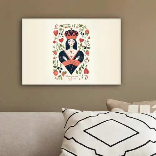 Speelkaart - Hartenkoningin - Bloemen - Hartjes canvas 2cm klein -sfeer3