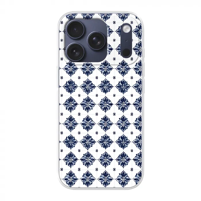 Tegelmotief - Blauw - Wit - Bloem Telefoonhoesje iPhone 17 Pro klein 878 -3d