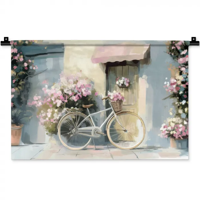 Fiets - Pastelkleuren - Bloemen Wandkleed katoen klein -zz3d