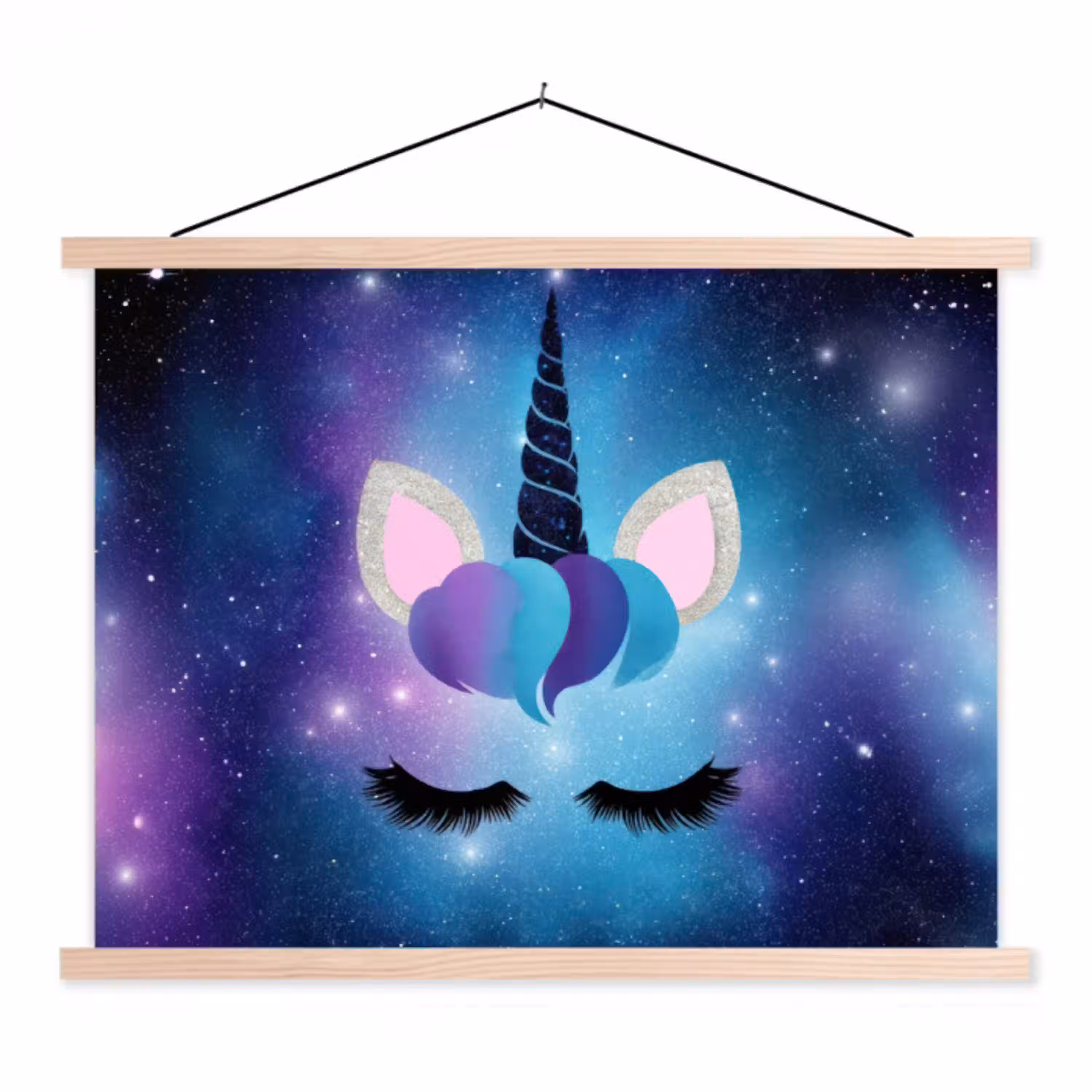 Eenhoorn - Sterren - Blauw textielposter latten blank klein -3d