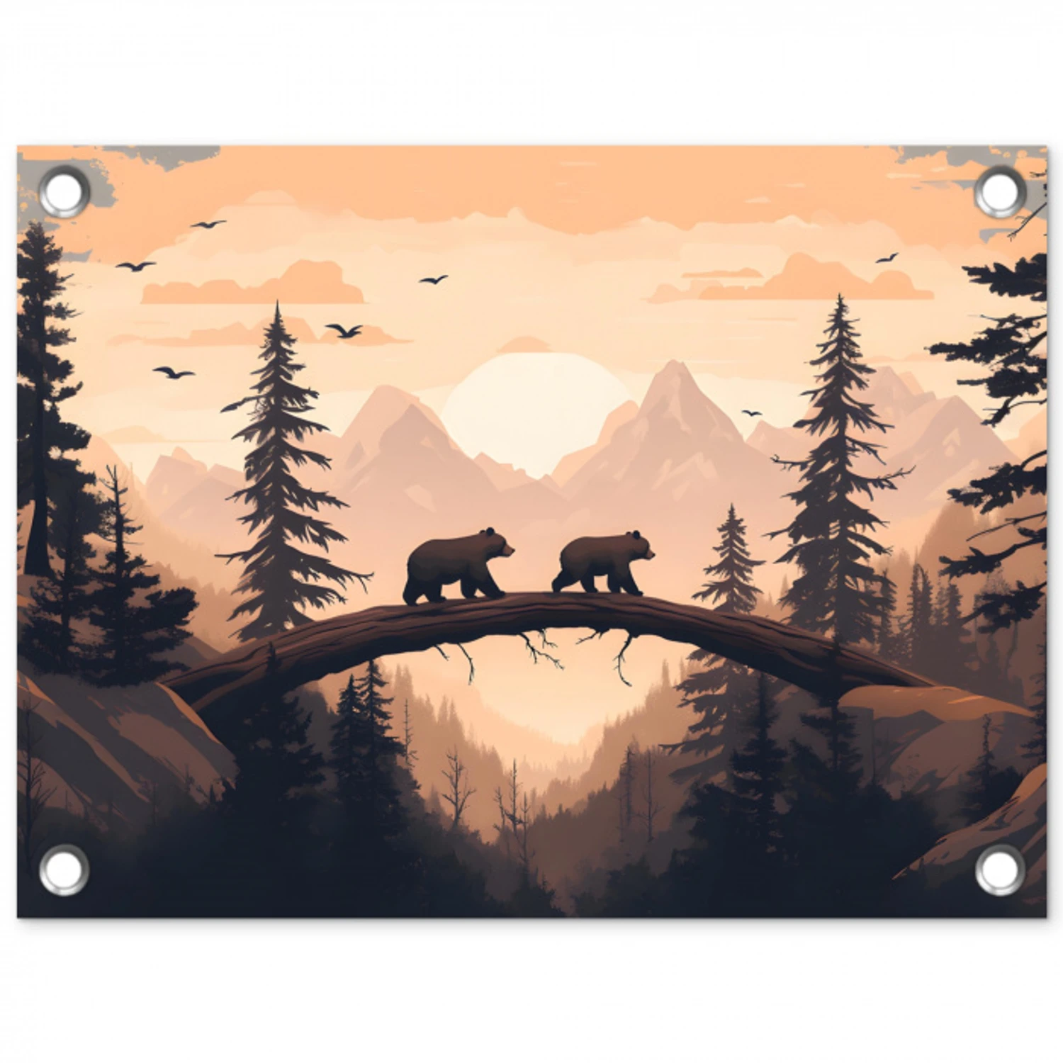 Beren - Bomen - Landschap - Zonsondergang tuinposter los doek klein -3d