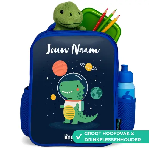 Ruimte - Dino - Planeten - Sterren Kinderrugzak - Blauw middel -inhoud_NL