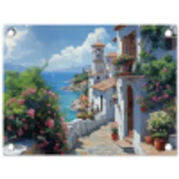 Huizen - Zee - Bomen - Bloemen tuinposter los doek klein -3d