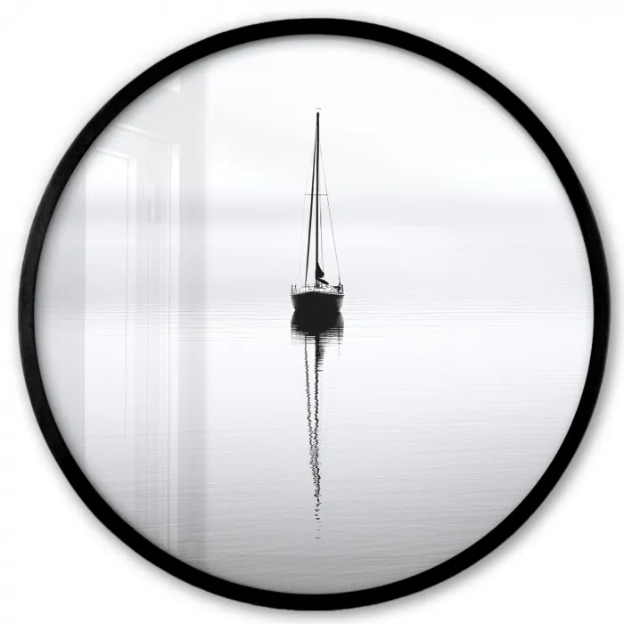 Zeilboot - Zwart - Water - Silhouet Fotolijst rond zonder passe partout klein -3d