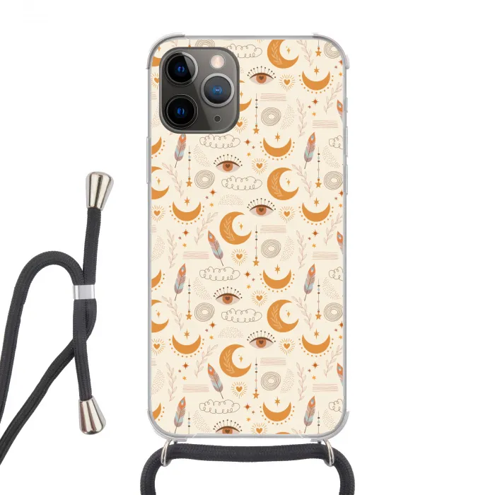 Boho - Print - Ogen - Maan - Veren - Beige Hoesje iPhone 12 Pro met koord klein -3d