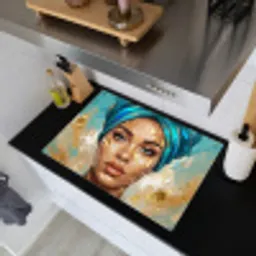 Portret - Vrouw - Schilderij - Blauw - Goud - Expressief Inductie beschemer met haakjes klein -sfeer1