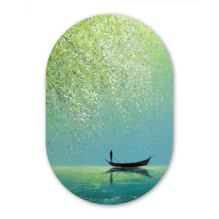 Bootje - Water - Bladeren - Bloesems Wandcirkel Ovaal Forex klein -3d
