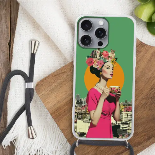Retro - Vrouw - Stad - Zon Hoesje iPhone 16 Pro Max met koord klein -sfeer4