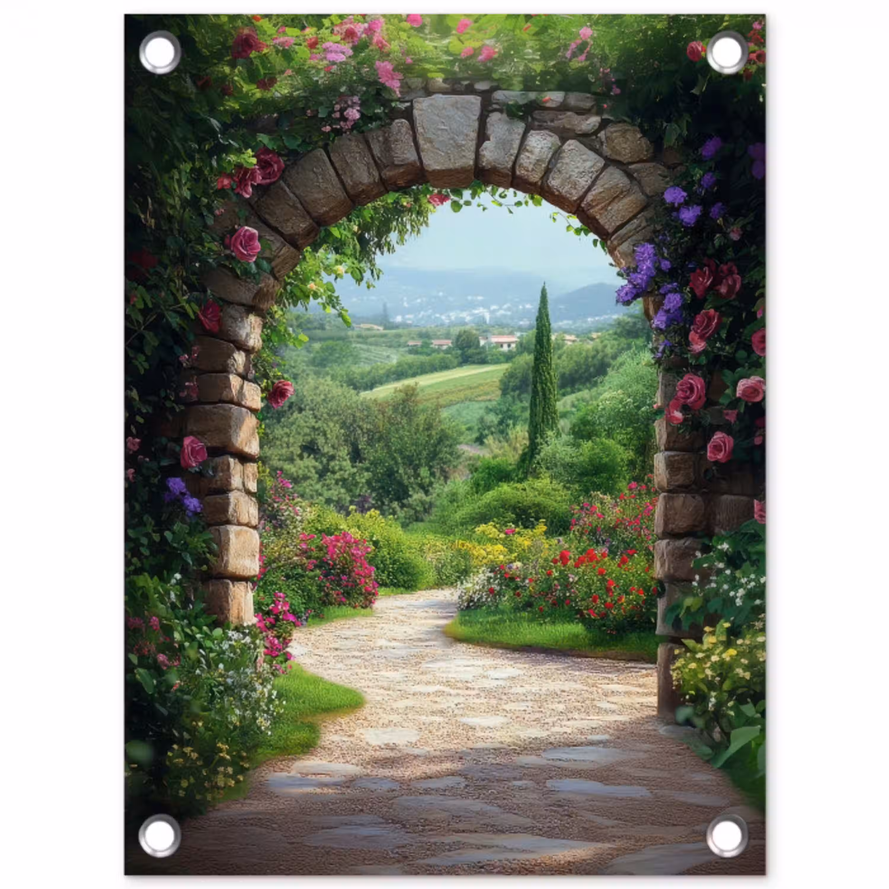 Doorkijk - Landschap - Bloemen - Pad - Uitzicht tuinposter los doek klein -3d