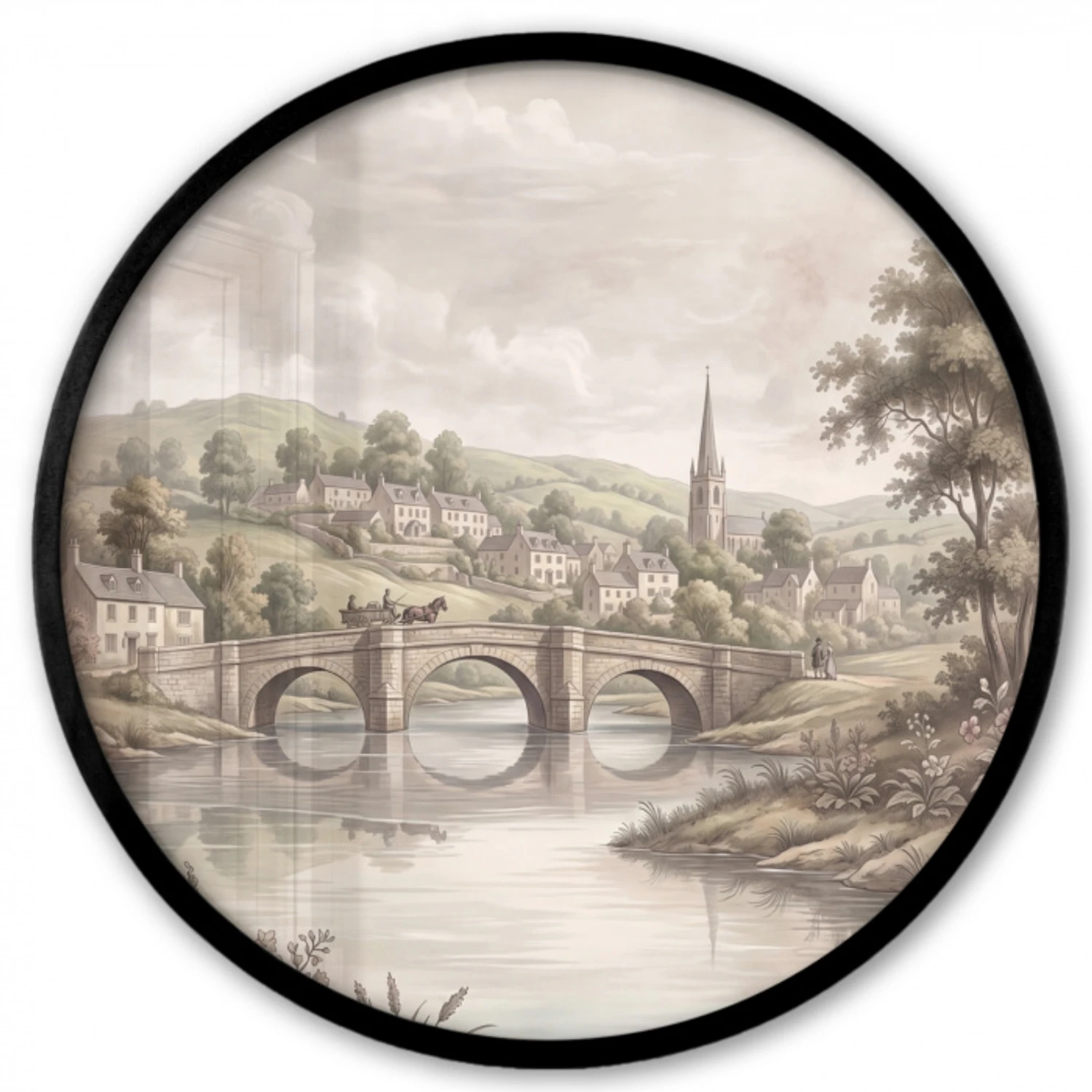 Dorp - Brug - Uitzicht - Groen Fotolijst rond zonder passe partout klein -3d
