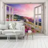 Bergen - Landschap - Doorkijk - Bloemen - Avond - Roze fotobehang vinyl groot -woonkamer