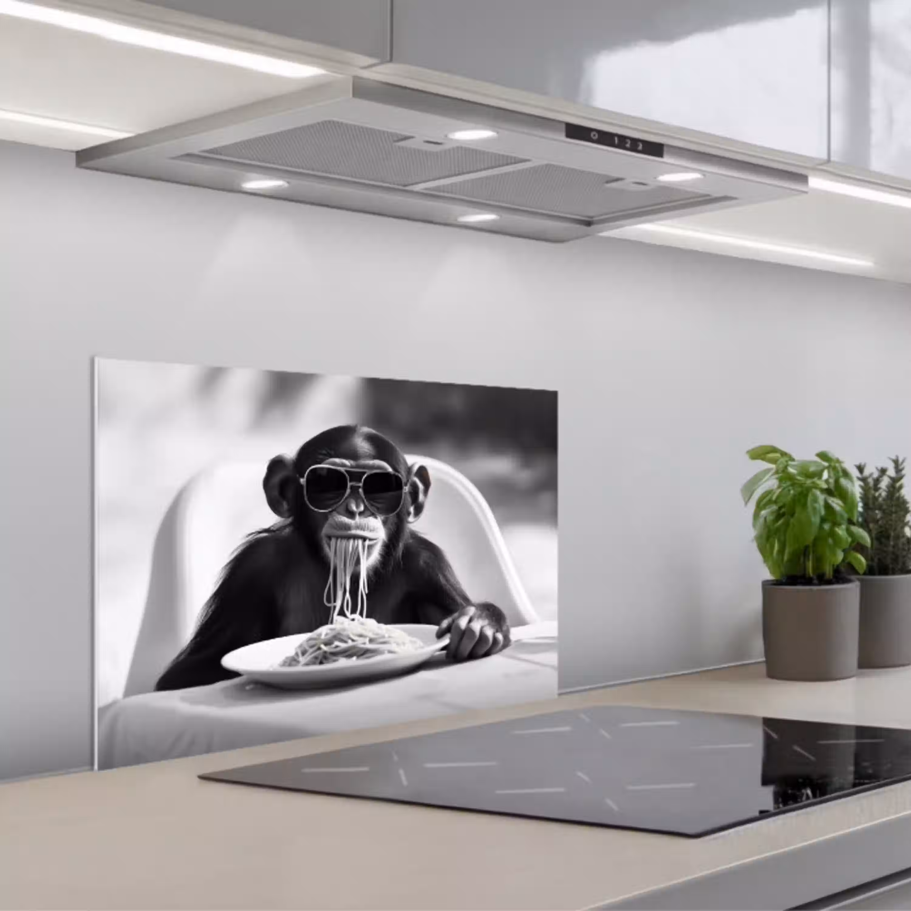 Aap - Spaghetti - Zonnebril - Zwart wit - Cool - Dier keuken achterwand spatscherm klein -3d_schuin