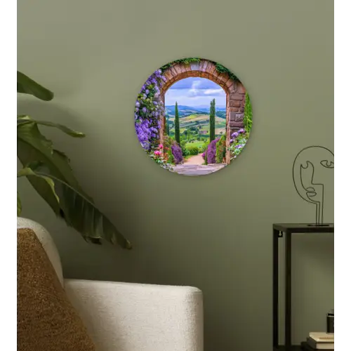 Doorkijk - Toscane - Landschap - Poort Wandcirkel kunststof plaat 5mm dik klein -sfeer3
