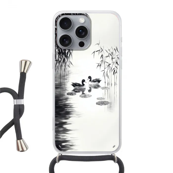 Eenden - Waterlelies - Riet - Zwart Hoesje iPhone 16 Pro Max met koord klein -3d