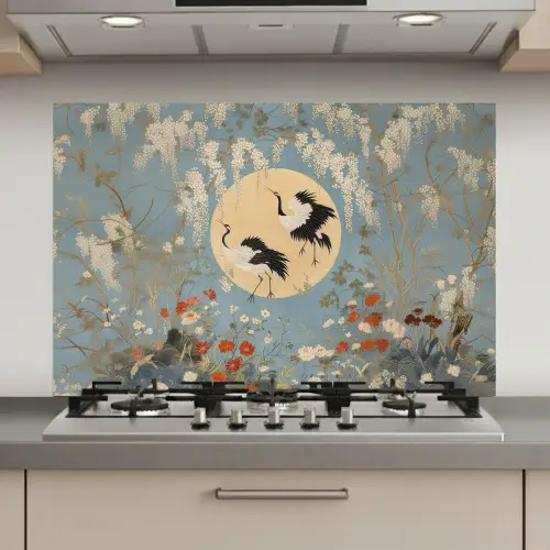 Kraanvogels - Maan - Bloemen - Blauw keuken achterwand spatscherm klein -3d_website
