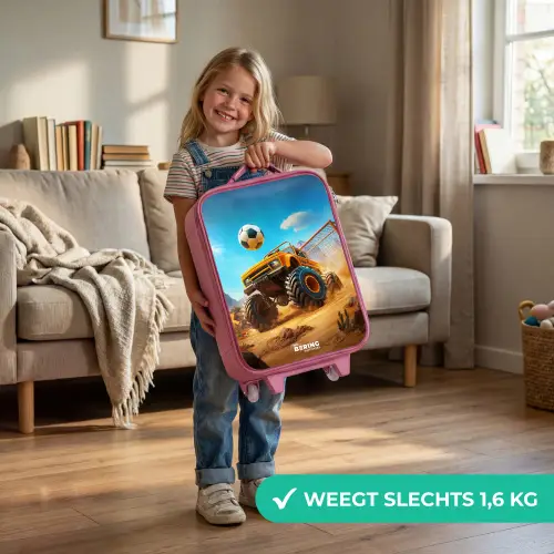 Monstertruck scoort goal in woestijnstadion Kinderkoffer - Roze klein -sfeer2_NL