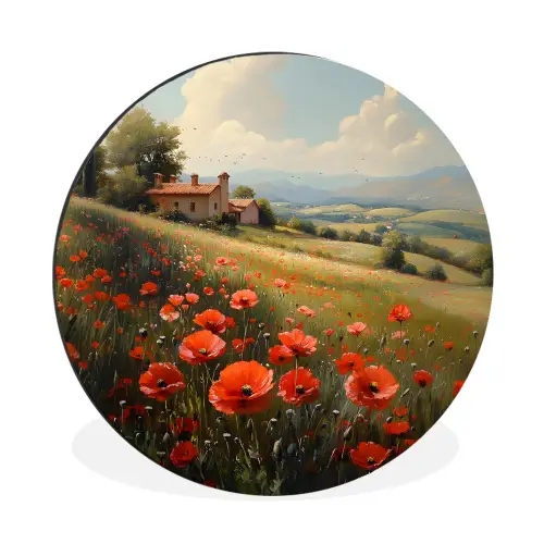Klaprozen - Rood - Heuvels - Landschap Wandcirkel aluminium klein -3d