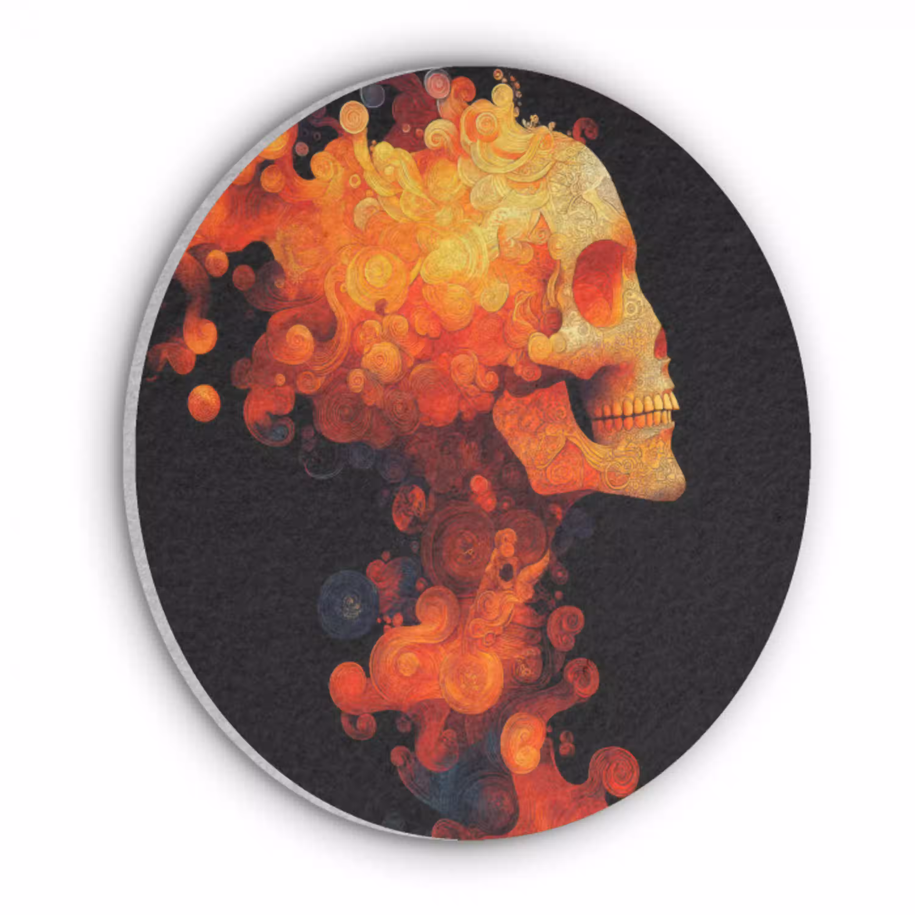 Schedel - Oranje - Zijaanzicht - Vlammen Akoestische PET Vilt - Rond klein -3d