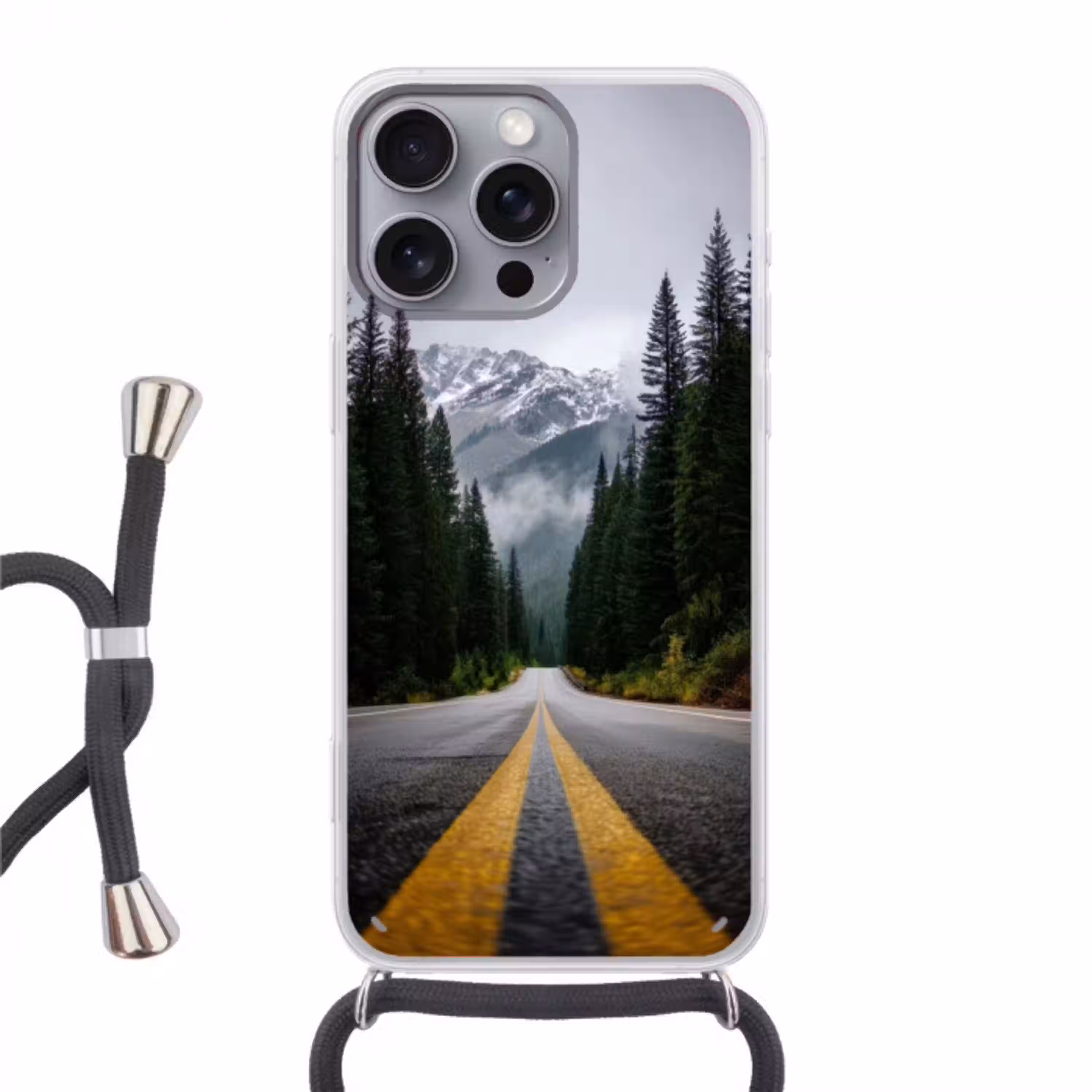 Sparrenbos - Weg - Bergen - Sneeuw Hoesje iPhone 16 Pro Max met koord klein -3d