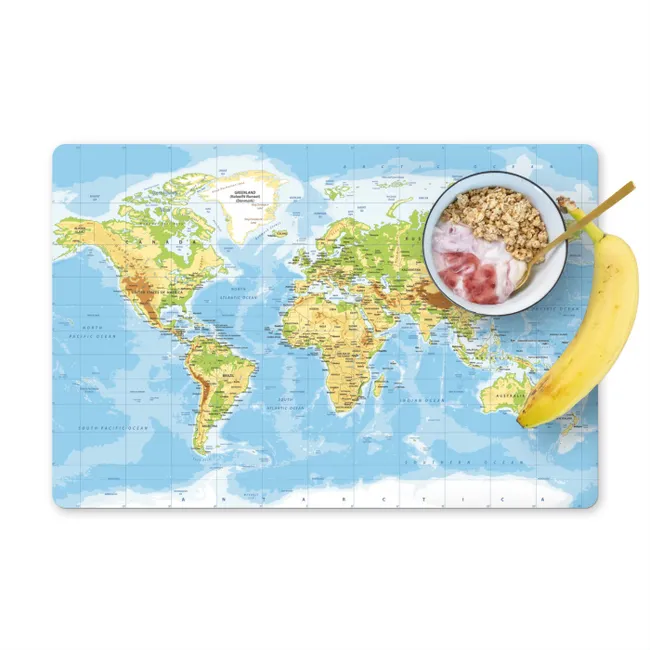 Placemat - 6 stuks - Wereldkaart - Staatkundig - Blauw - Aarde - Educatief