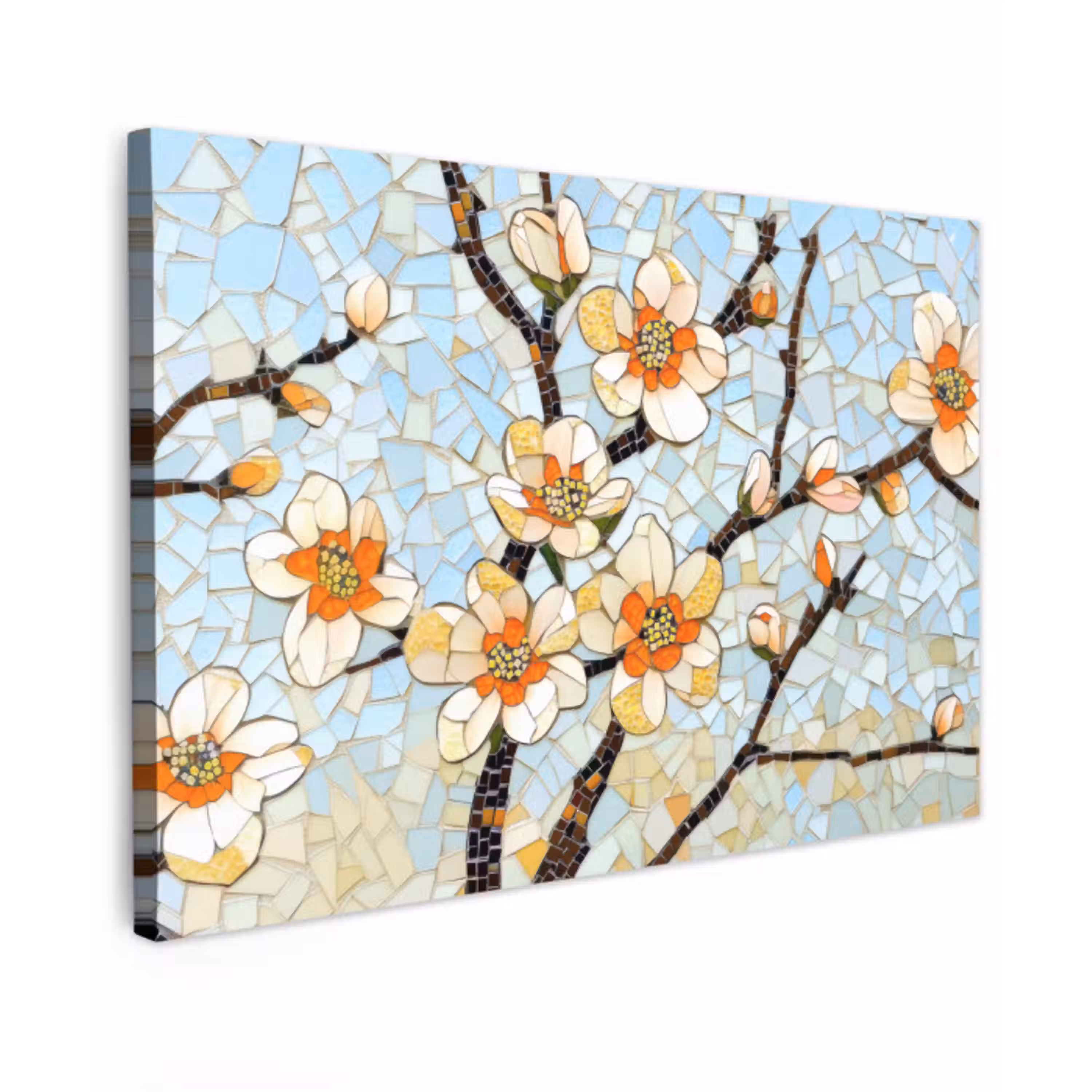 Bloesems - Wit - Mozaïek - Tak Tuinposter op houten frame 2 cm dik klein -3d