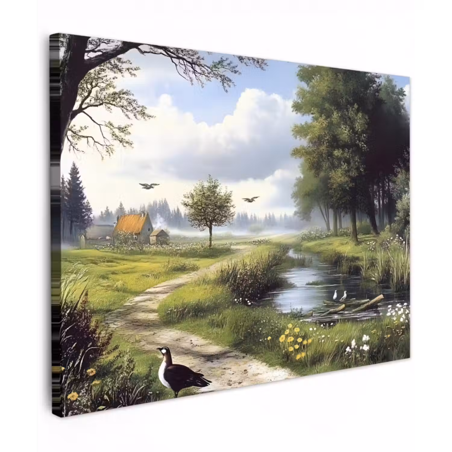 Leinwandbild - Sandiger Weg - Grüne Landschaft - Wasser