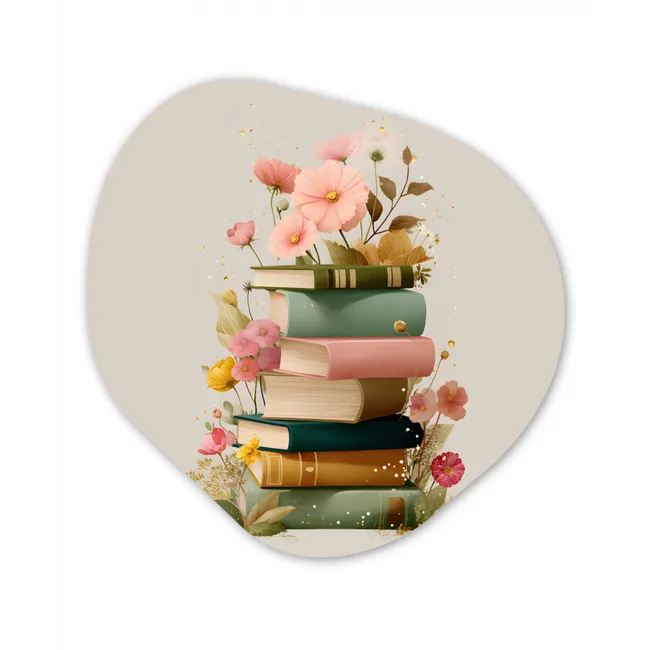 Boeken - Stapel - Bloemen - Kleurrijk Wandcirkel Organisch Forex 3mm klein -3d